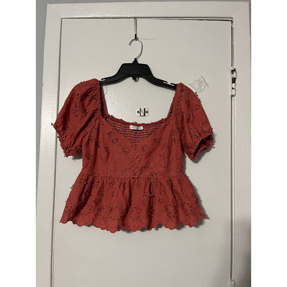 Altar'd State Rust Orange Eyelet Peplum Top Puff Sleeve Smocked Back M